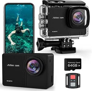 4K60FPS Sports Camera - Waterproof Camera with SD Card 64G 48MP HD WiFi Camera with EIS, On-Board Cameras with 2 x 1350 mAh Batteries Remote Control 2.4G Accessory Kit - Image 1