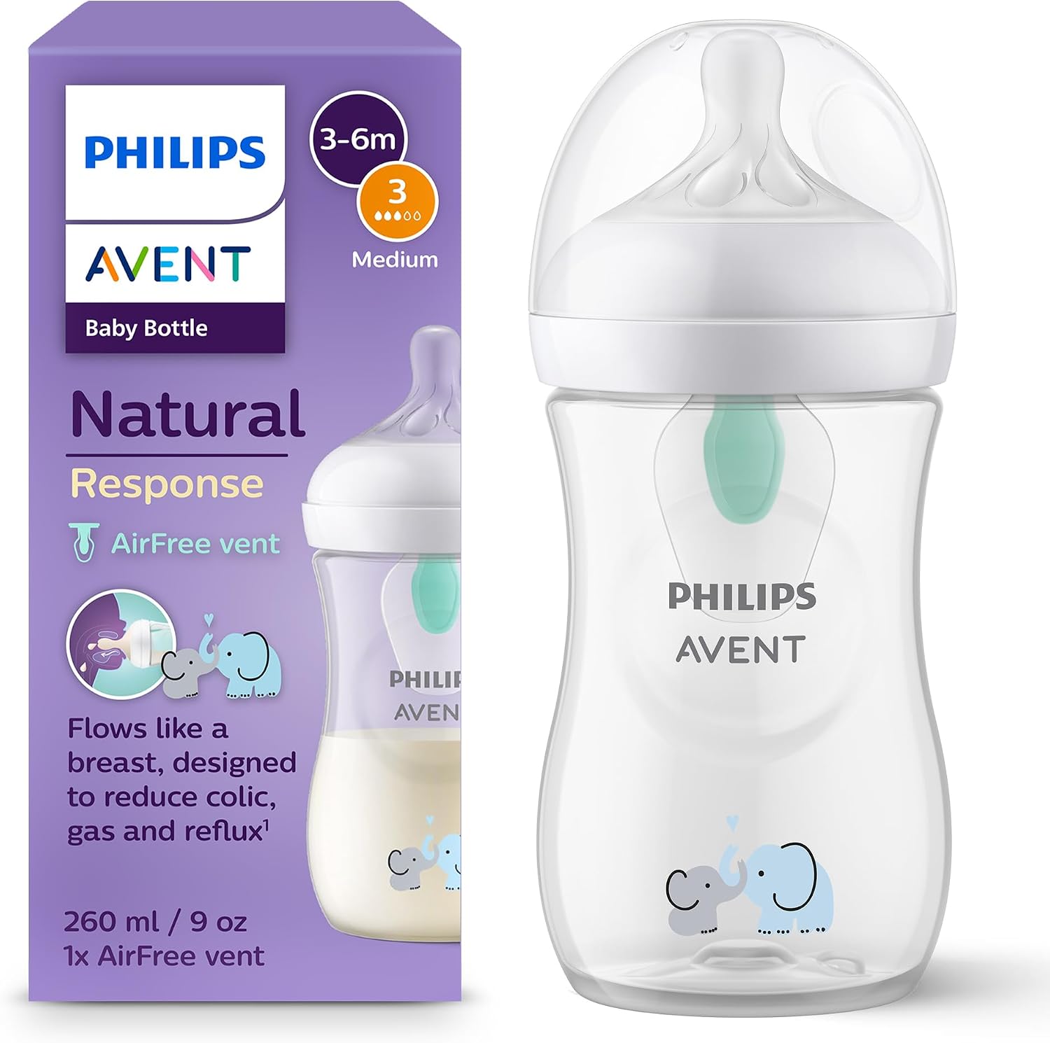 Philips Avent Biberon à Réponse Naturelle de 260 ml avec valve AirFree, sans BPA pour les bébés de 1 mois et +, motif éléphant (modèle SCY673/81) - Image 1