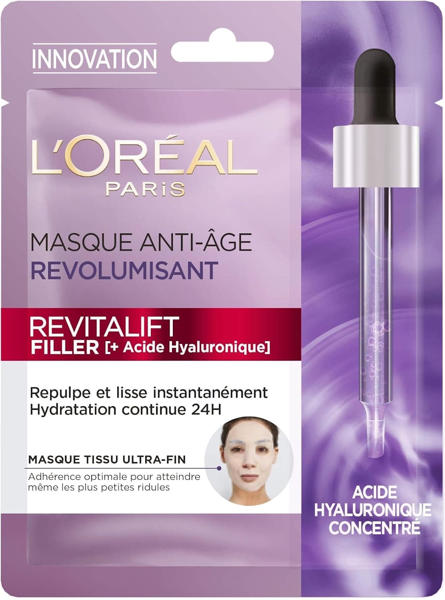L'Oréal Paris - Revolumising Anti-Wrinkle Serum Face Mask - 24H Hydration - Anti-Aging & Plumping - Pure Hyaluronic Acid - Ultra-Fine Japanese Cotton - Revitalift Filler - 28g