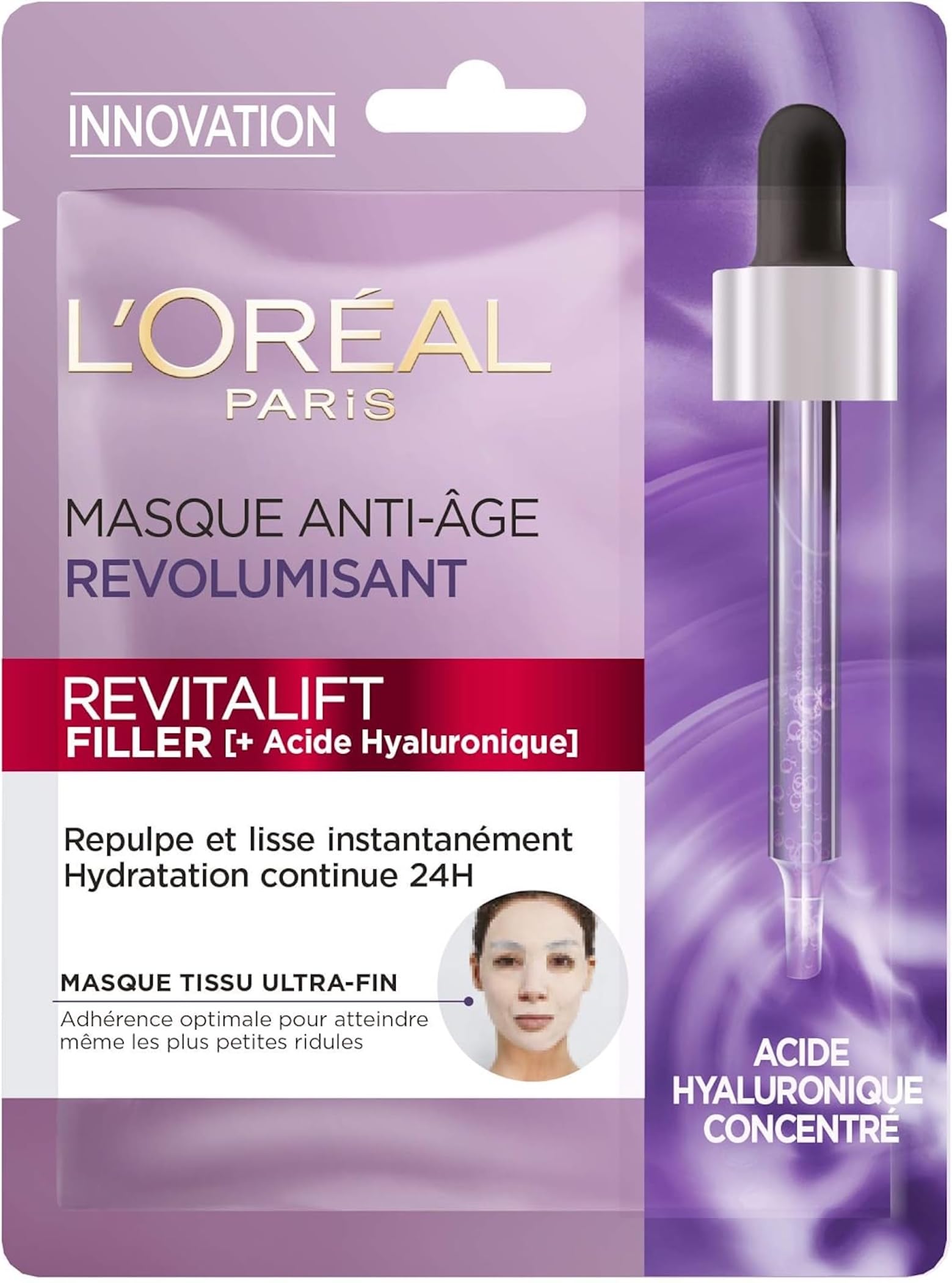 L'Oréal Paris - Revolumising Anti-Wrinkle Serum Face Mask - 24H Hydration - Anti-Aging & Plumping - Pure Hyaluronic Acid - Ultra-Fine Japanese Cotton - Revitalift Filler - 28g - Image 1