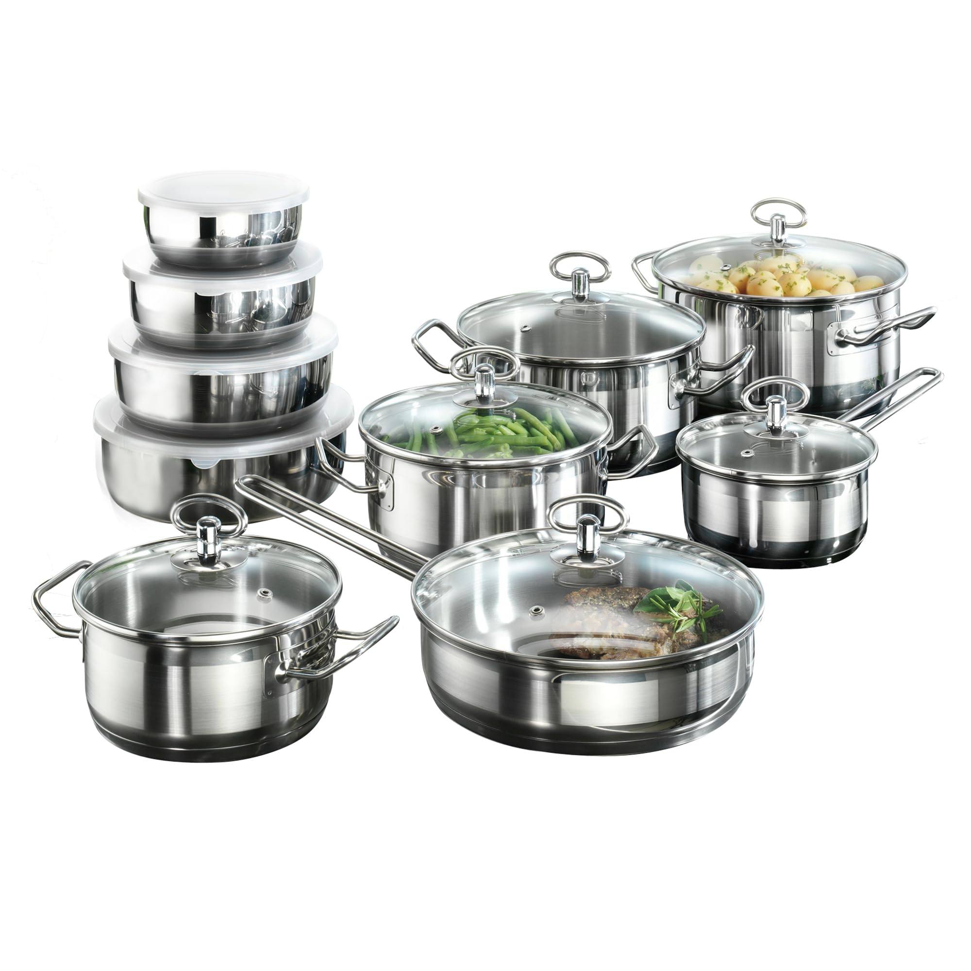 Karcher Jasmine Saucepan Set (Stainless Steel, 20 Pieces, Including Glass Lid and Stainless Steel Bowl Set, Induction) - Image 1