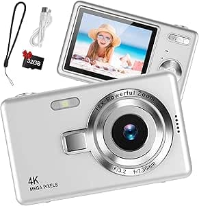 1080P FHD Digital Camera 44MP Compact Camera with 2.4" LCD Screen 16X Digital Zoom Vlogging Portable Digital Camera with 32GB SD Card for Kids (Silver)
