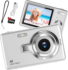 1080P FHD Digital Camera 44MP Compact Camera with 2.4" LCD Screen 16X Digital Zoom Vlogging Portable Digital Camera with 32GB SD Card for Kids (Silver) - Image 1