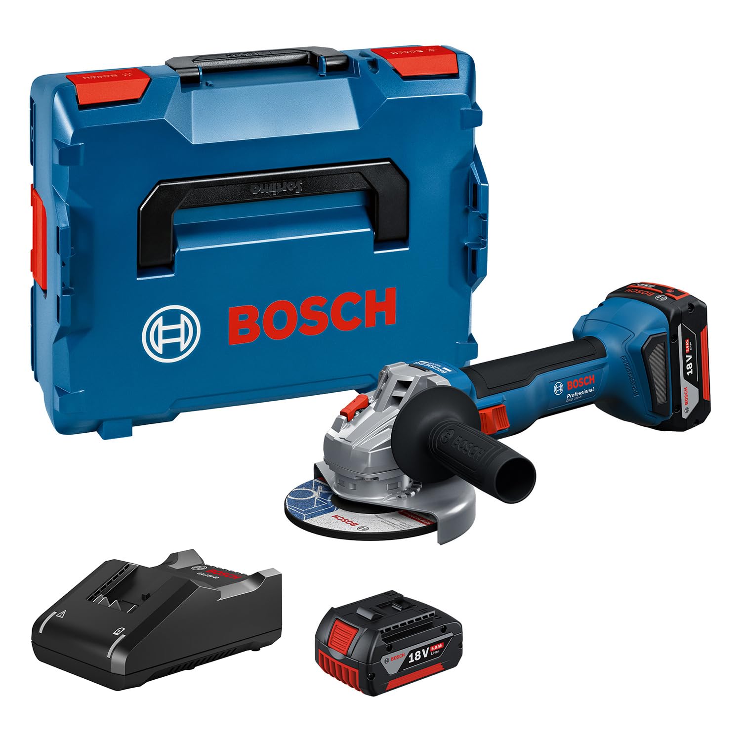 Bosch Professional 18V System cordless angle grinder GWS 18V-8 (disc diameter 125 mm, with 2 GBA 5.0 Ah batteries, GAL 18V-40 charger, L-BOXX) - Image 1