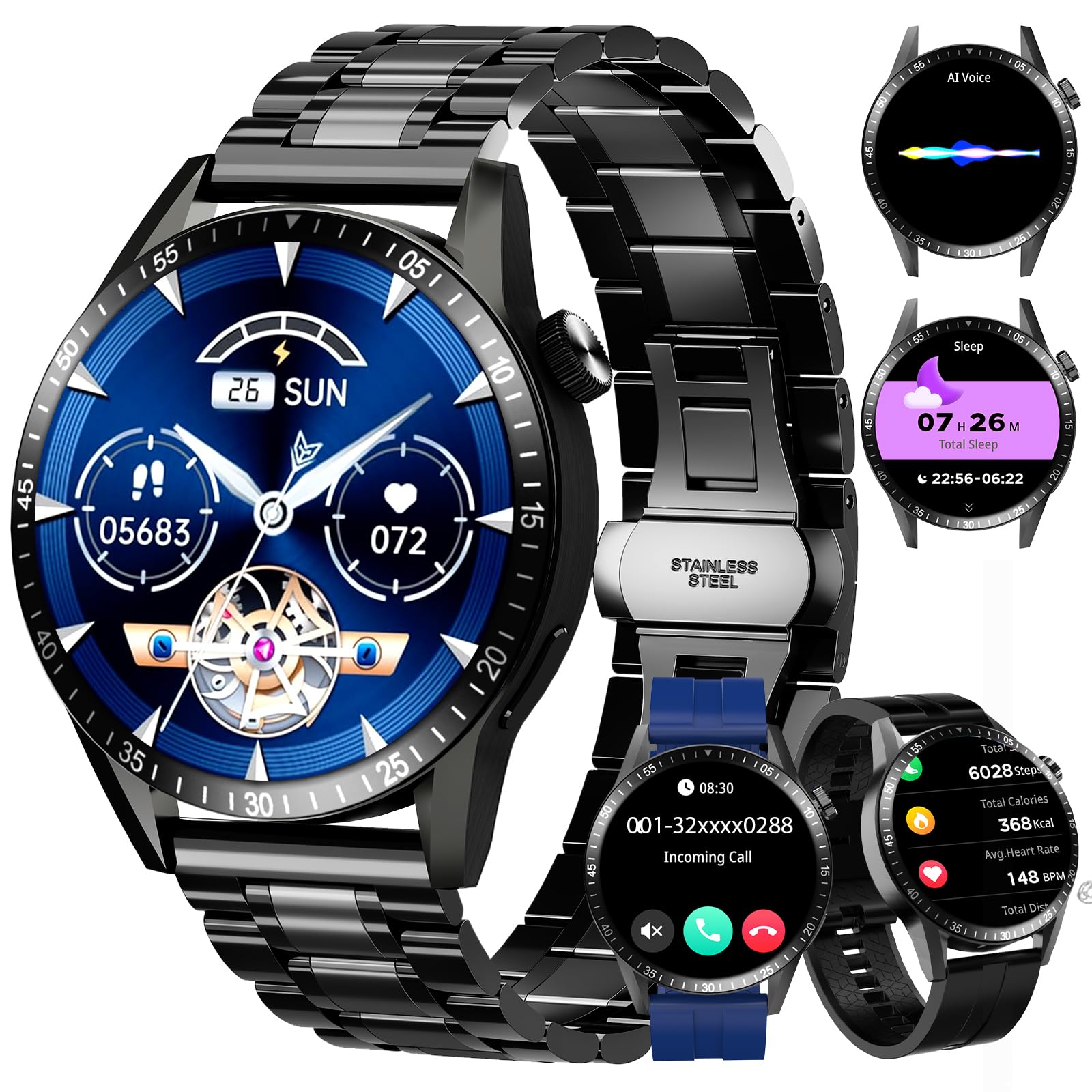 Men's Smart Watch with 3 Straps, Call and Message Functions, Business Friendly, 100+ Sports Modes, Men's Sports Watch Compatible with Android/iOS, Black - Image 1