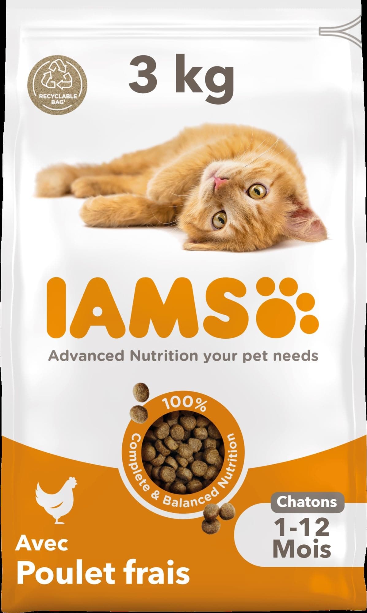 IAMS Advanced Nutrition - Premium Kitten Food - Healthy Whole Flavours - Promotes Growth - Fresh Chicken - Non-GMO Artificial Flavour Colours - Resealable Bag of 3kg