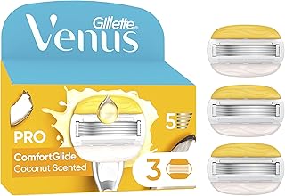 Gillette Venus Pro ComfortGlide Lames parfumées à la noix de coco pour femme avec crème hydratante Olay, 3 cartouches de rasoir, manche en métal réutilisable - Image 1