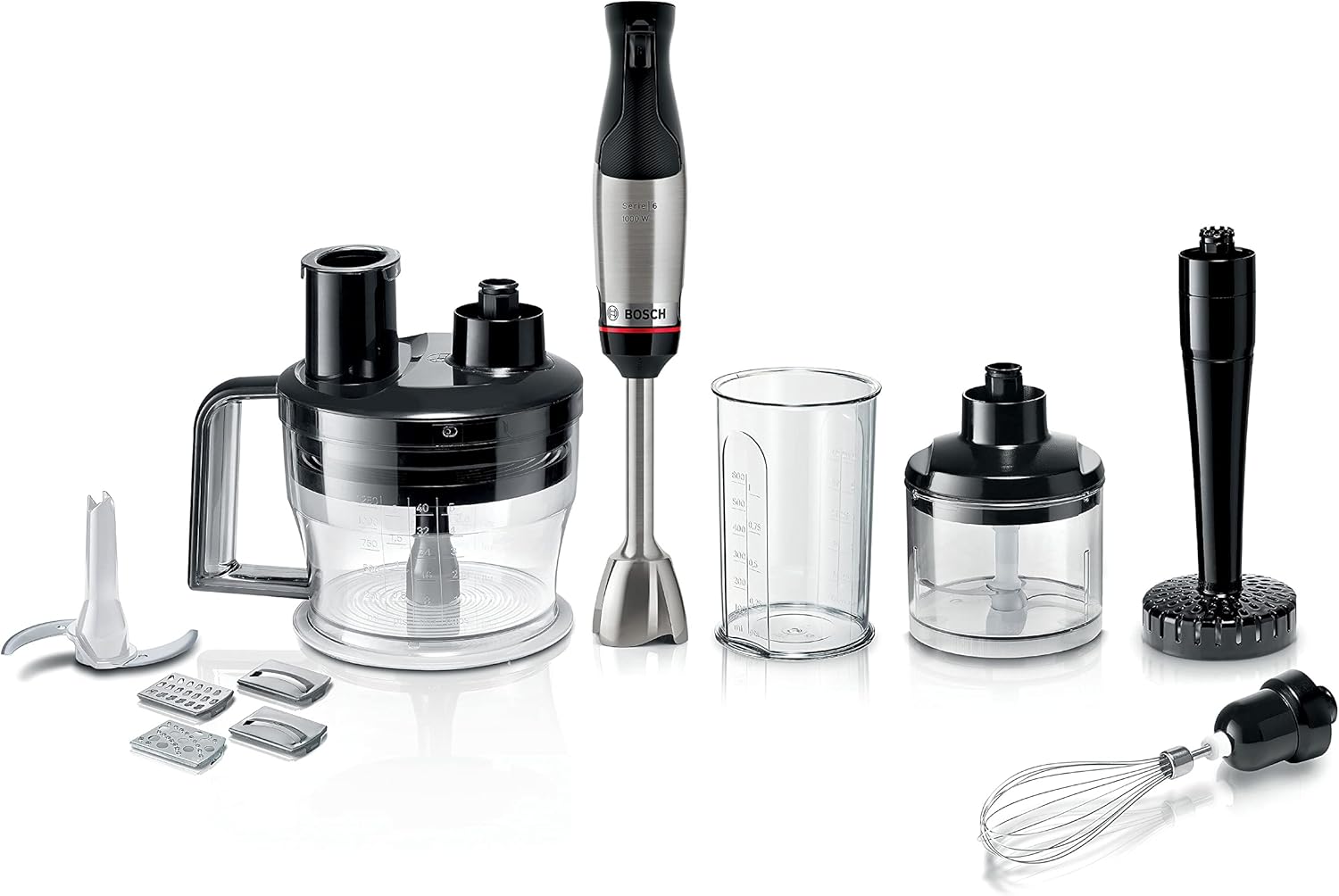 Bosch, mixeur plongeant, ErgoMaster Série 6, moteur 1000 watts refroidi par air, variateur de vitesse extra large, système de mixage QuattroBlade System Pro, accessoires inclus, MSM6M673 - Image 1