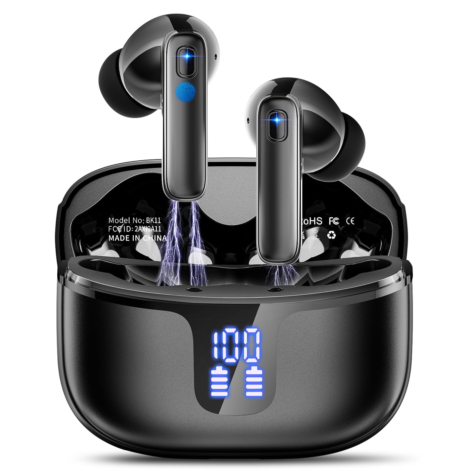 Wireless Bluetooth Headphones, Wireless In-Ear HiFi Stereo Earphones with Noise Reduction ENC, 40H Battery Life, IP7 Waterproof, LED Display, One-Step Pairing, For Sports/Phone/Work - Image 1