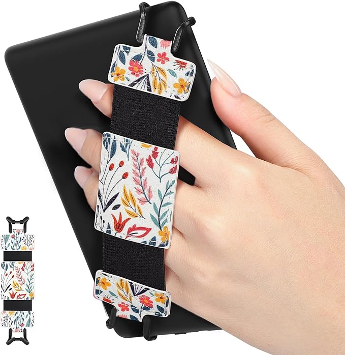 MoKo Soft Hand Strap for 6-8 inch Kindle eReaders Fire Tablet -Kobo/Voyaga/Sony Kindle E-Book Tablet, High Elasticity Lightweight Multi-purpose Tablet Security Strap with Non-Slip Stand, Flower - Image 1