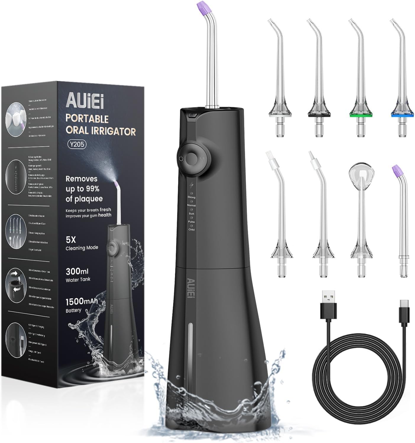 Portable Water Flosser Dental Jet Water Flosser, Oral Irrigator 5 Modes and 8 Nozzles, 300ml Tank, USB Charged, IPX7 Waterproof, Sensitive Gum (Black) - Image 1