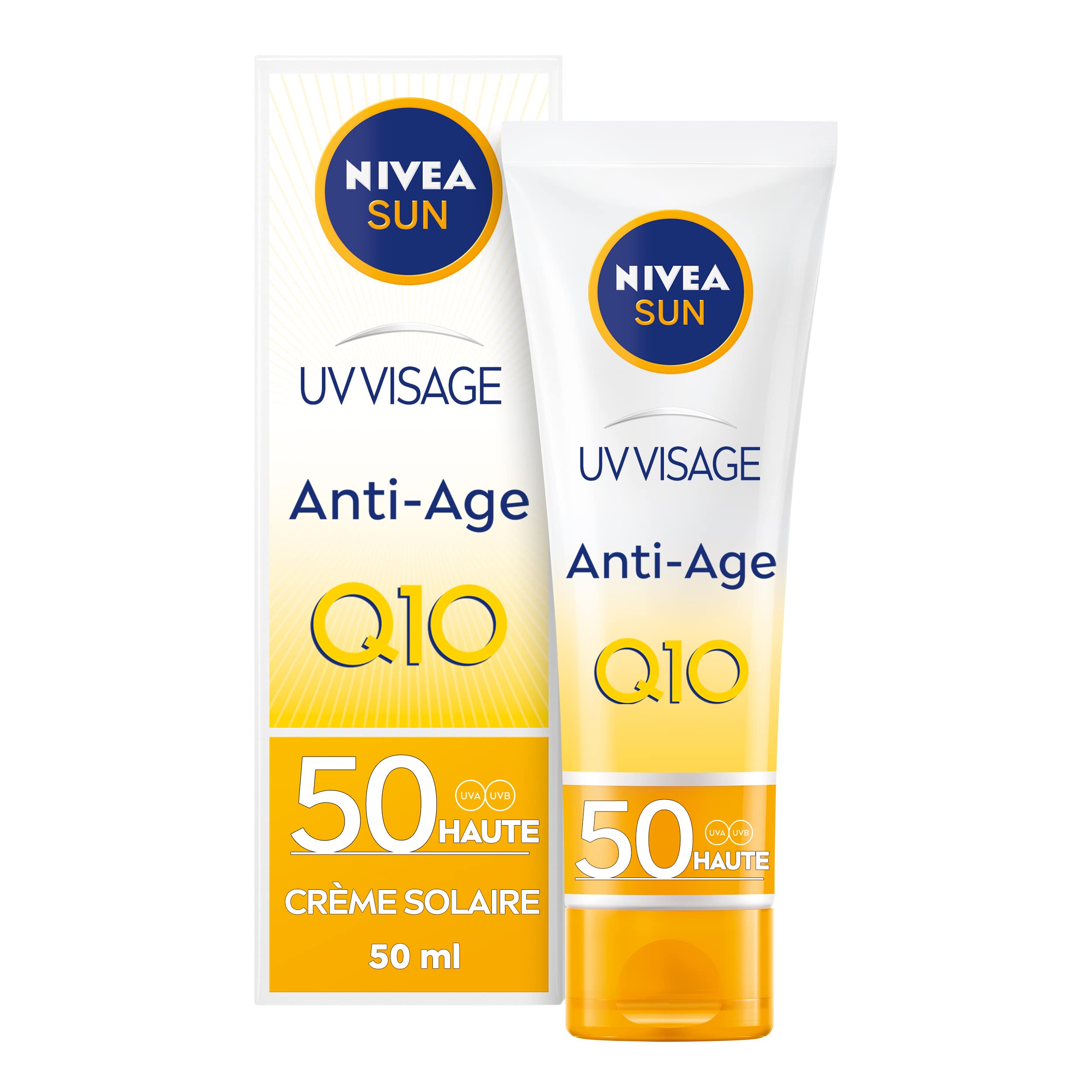 NIVEA SUN - Crème UV Visage Anti-Âge Q10 FPS 50 - Protection Solaire UVA/UVB & Lumière Bleue - Prévient Le Vieillissement - Formule Hydratante Au Q10 - Non Collant - Peaux Normales À Sèches - 50 ml - Image 1