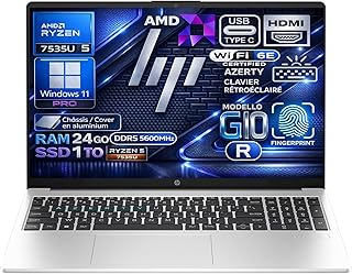 HP 255R G10 Ordinateur Portable AMD Ryzen 5 7535U 4.55 GHz, RAM 24Go DDR5, SSD 1To, Écran 15.6" FHD, Châssis Aluminium, WiFi6E, Caméra 1080p, Clavier AZERTY Rétroéclairé, Empreinte Digitale, Win11 Pro - Image 1