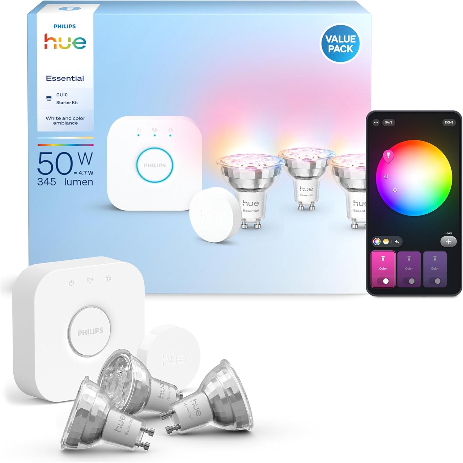 Philips Hue Essential Starter Kit with Bridge+3 Smart Bulbs GU10 Essential + Smart Button, WACA, 2200-6500K, Dimmable, Smart Bulb Compatible with Alexa, Google Assistant, Apple Home - Image 1