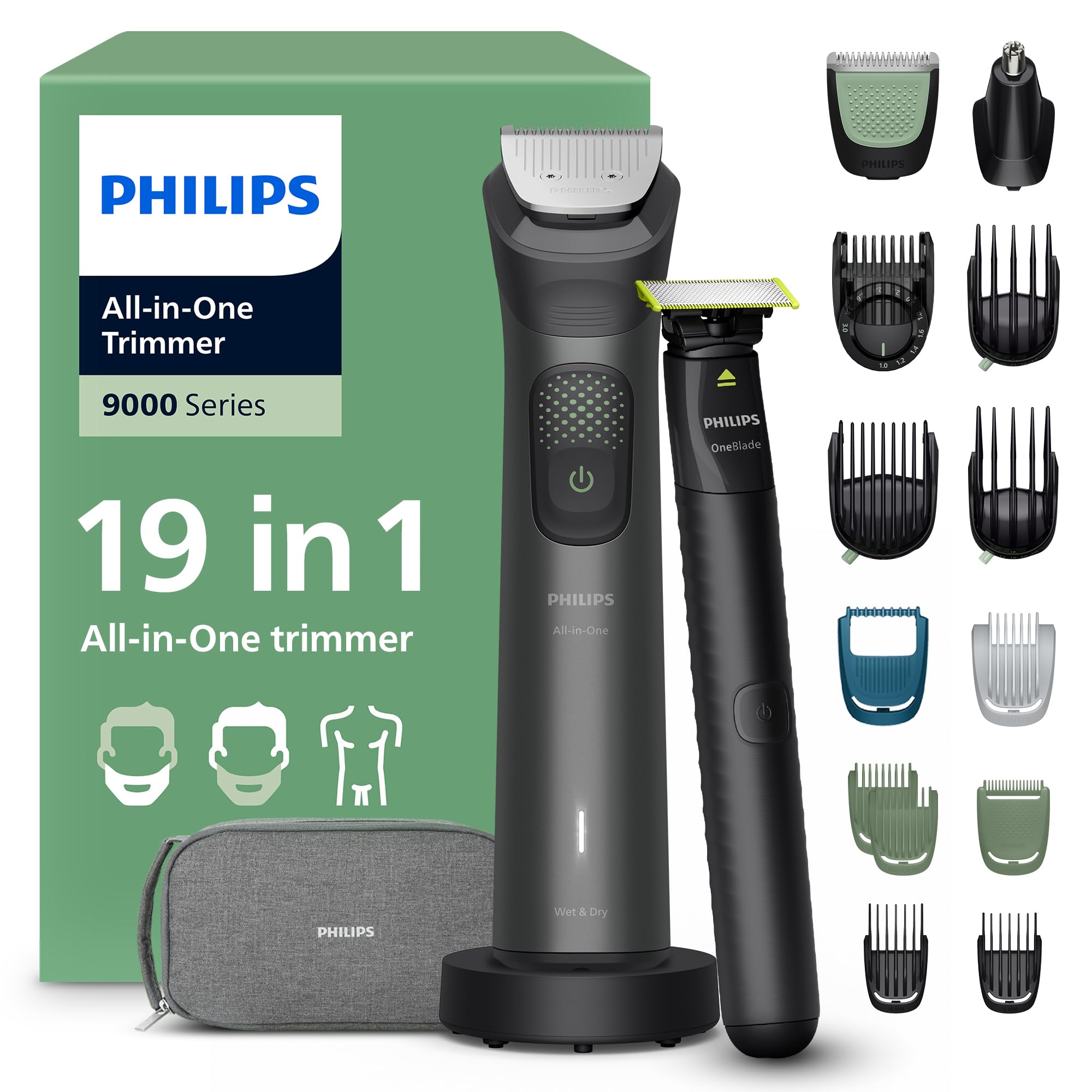 Philips Multigroom 9000 Series All-in-One Trimmer 19 Accessories + OneBlade Men's Razor - Beard Hair & Body Trimmer Set, 27 Cutting Heights (0.2-20mm), MG9556/15 - Image 1
