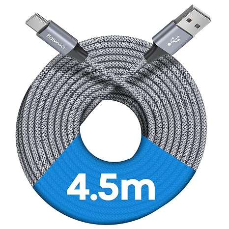 Baiwwa USB C Cable 4.5 m, Long Cable USBA to USBC Fast Charging Braided Cord for PS5 Controller, Switch, Samsung Galaxy S22 S23 S21 S20 – Grey - Image 1