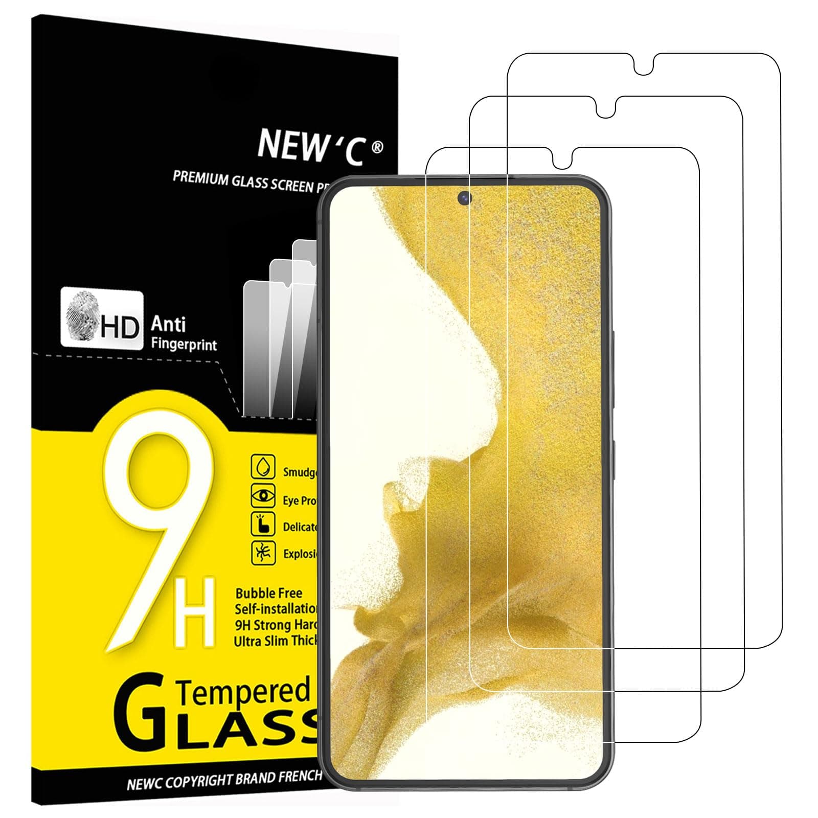 NEW'C Pack of 3 Tempered Glass Screen Protectors for Samsung Galaxy S22 5G - Bubble-Free - Ultra Resistant (0.26 mm HD Ultra Transparent) 9H Hardness Glass