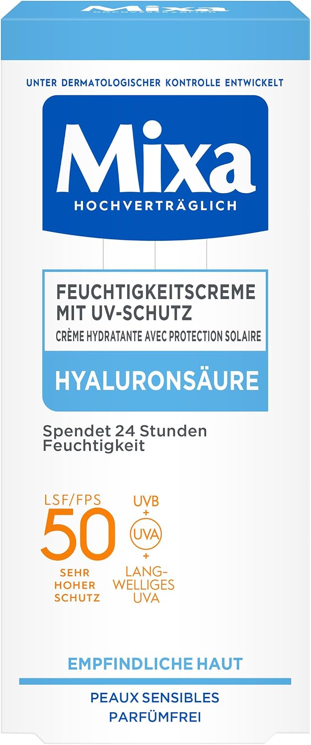 Mixa 50ml UV 50 Moisturiser for Sensitive Skin, UVB + UVA + Long UVA Protection, SPF 50, with Hyaluronic Acid, Suitable for Face and Neck, Hypoallergenic, 50 ml - Image 1