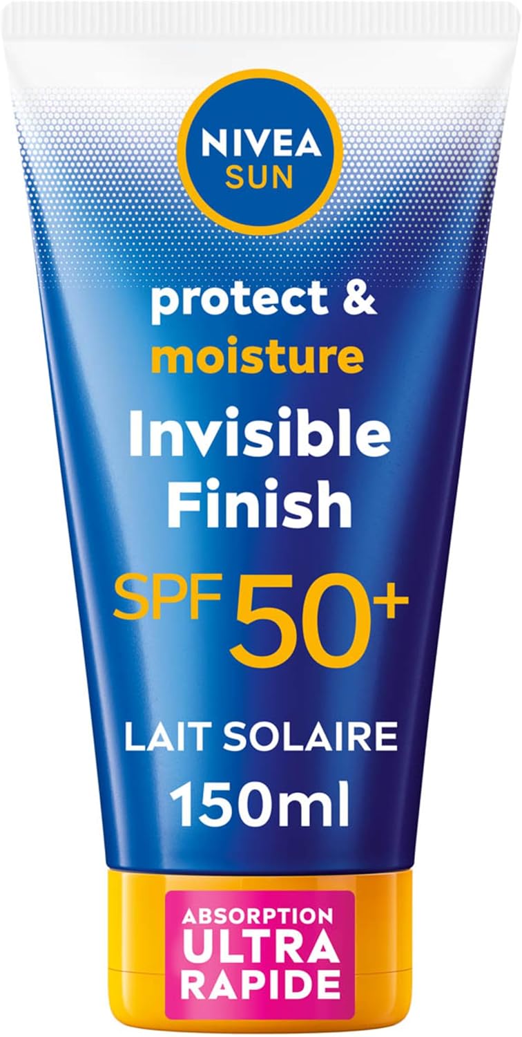 NIVEA SUN Lait Solaire Invisible Finish Protect & Hydrate SPF 50+ 150 ml — Crème Solaire résistante à l'eau — Protège et Hydrate — Haute Protection Visage et Corps - Image 1