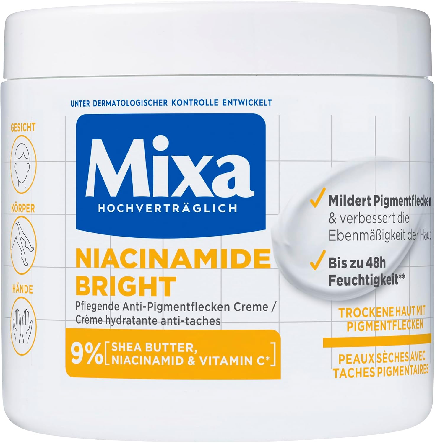 Mixa Niacinamide Bright Crème hydratante anti-taches tout usage Convient pour le visage, le corps et les mains 400 ml - Image 1
