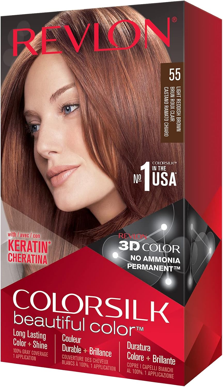Revlon Colorsilk Beautiful Color Permanent Hair Colour with 3D Gel Technology and Keratin, Dye with 100% White Coverage, 55 Light Red Brown - Image 1
