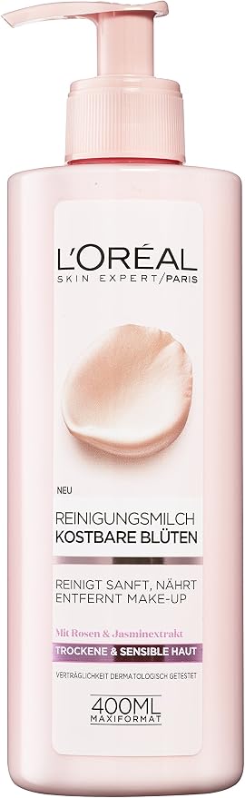 L'Oréal Paris Cleansing Milk for Women - Gently removes makeup and gives a smooth feeling on the skin with rose and jasmine extracts, precious flowers, 1 x 400ml - Image 1