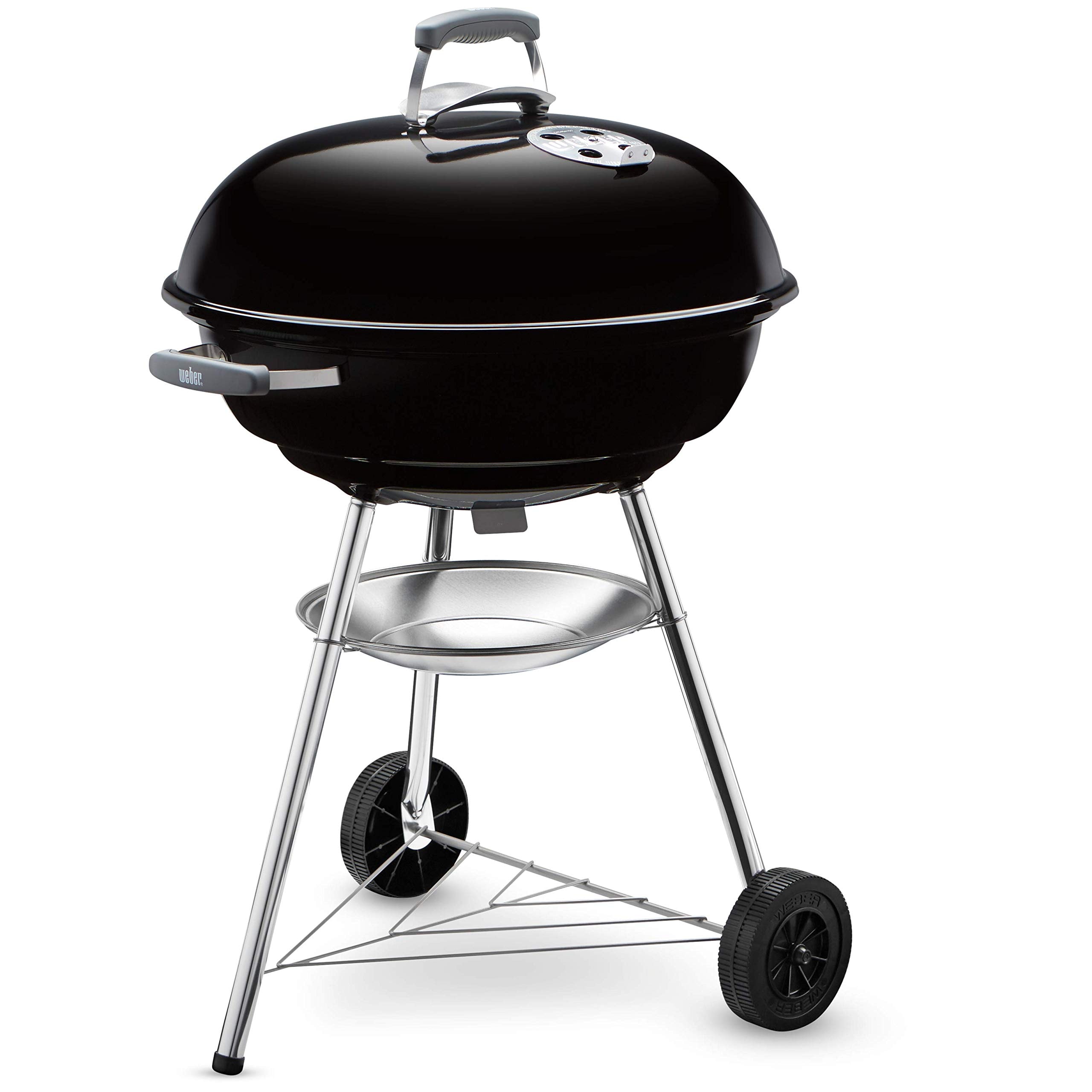 Weber Kettle Compact Charcoal Barbecue / Enamelled Steel Bowl and Lid, 57 cm Cooking Surface, Ash Catcher Tray, Tripod and Wheels, Black/Silver - Image 1