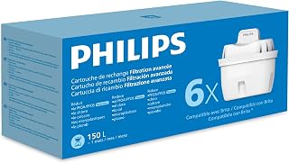 Philips Water Cartouches filtrantes de rechange Filtration avancée, paquet de 6, réduisent les MICROPLASTIQUES, le CHLORE, le CALCAIRE, les MÉTAUX LOURDS, Compatible avec Brita* - Image 1