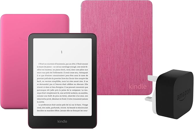 Kindle Paperwhite (2024 Release) 16 GB with ads, raspberry Amazon Clear Back Cover and an Amazon Powerfast 9W Power Adapter - Image 1