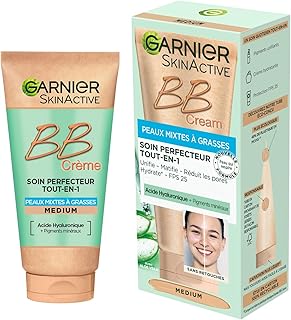 Garnier - BB Crème - Soin Perfecteur Tout-en-1 Anti-Imperfections - FPS 25 - Enrichi en Acide Hyaluronique & Aloe Vera - Pour Peaux Mixtes à Grasses - Teinte : Medium - Skin Active - 50 ml - Image 1