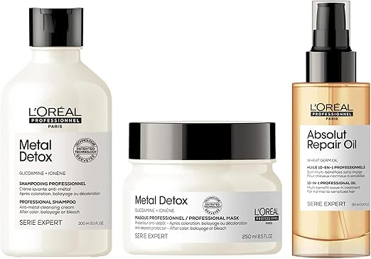 L'Oréal Professional, Anti-Metal Shampoo + Anti-Deposit Protective Mask + 10-in-1 Finishing Oil, Coloured & Bleached Hair, Metal Detox + Absolut Repair, Expert Series, 300 ml + 250 ml + 90 ml - Image 1