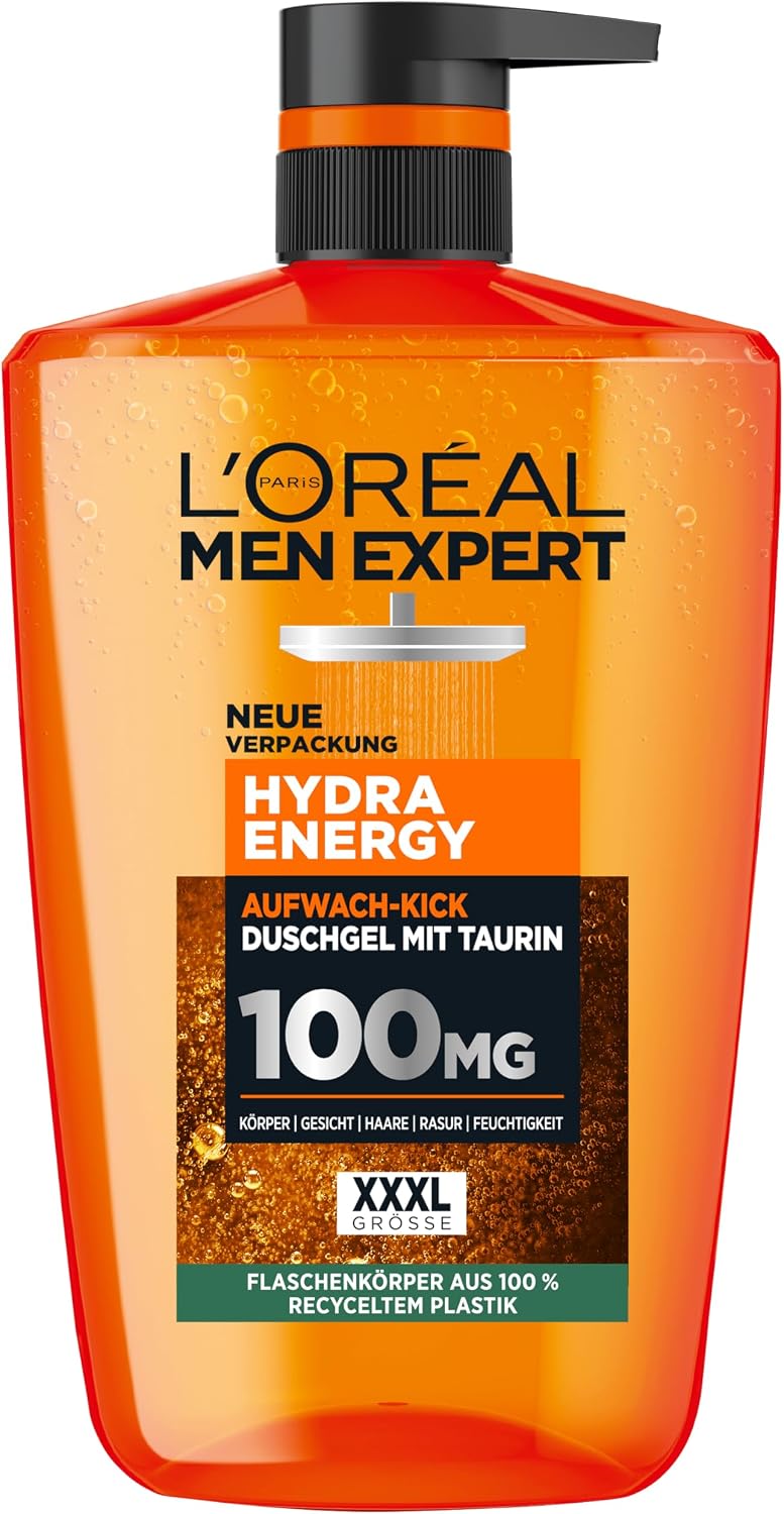 L'Oréal Men Expert XXXL Gel douche et shampooing pour homme, bain douche pour nettoyer le corps, les cheveux et le visage, soin du corps pour homme pour une fraîcheur longue durée à la taurine, Hydra - Image 1