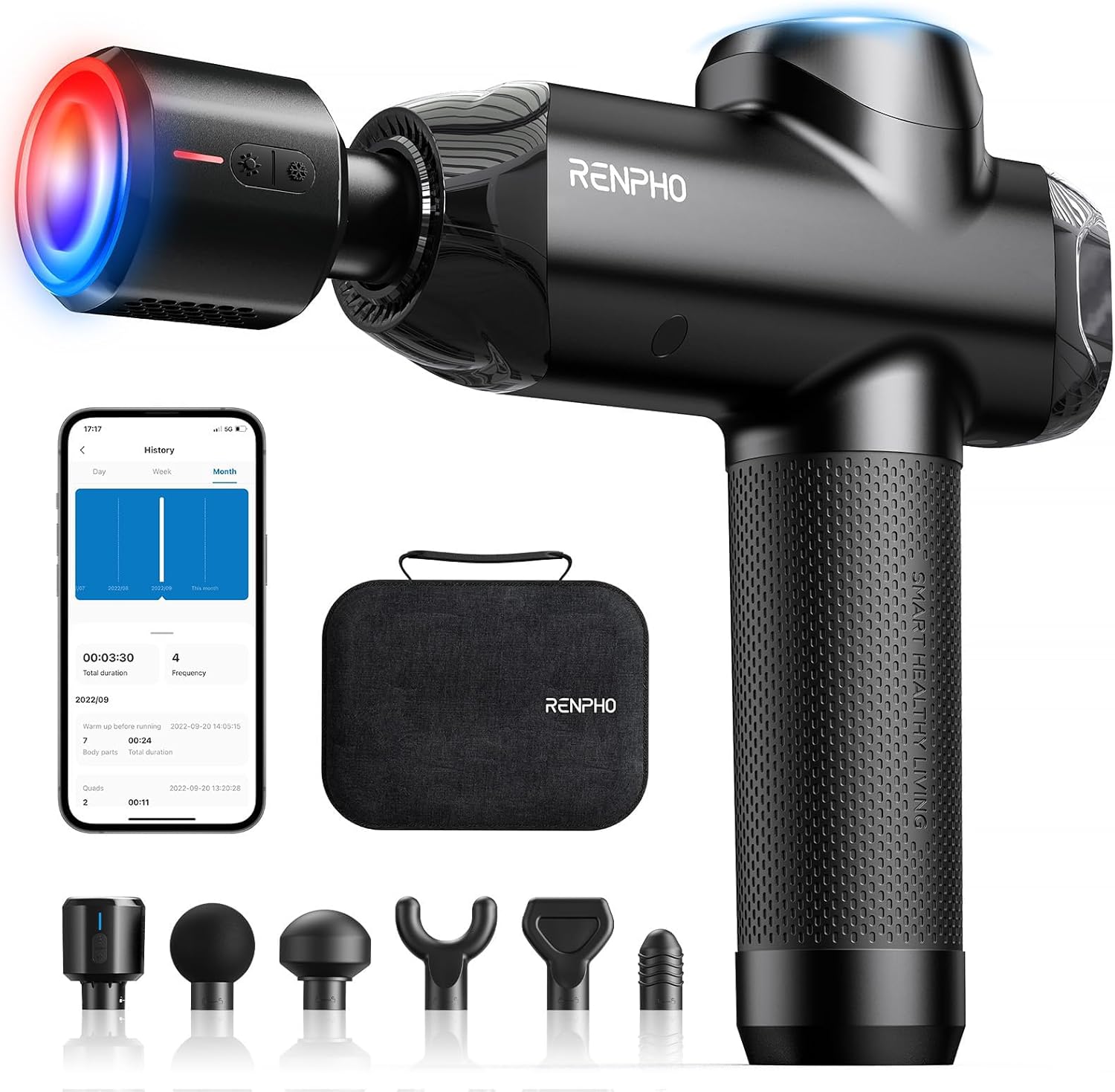 RENPHO Muscle Massage Gun, Massage Gun with Hot and Cold Head, Electric Massager with 6 Massage Heads, Deep Muscle Massager 3200rpm, Type-C Charging Ultra Silent - Image 1
