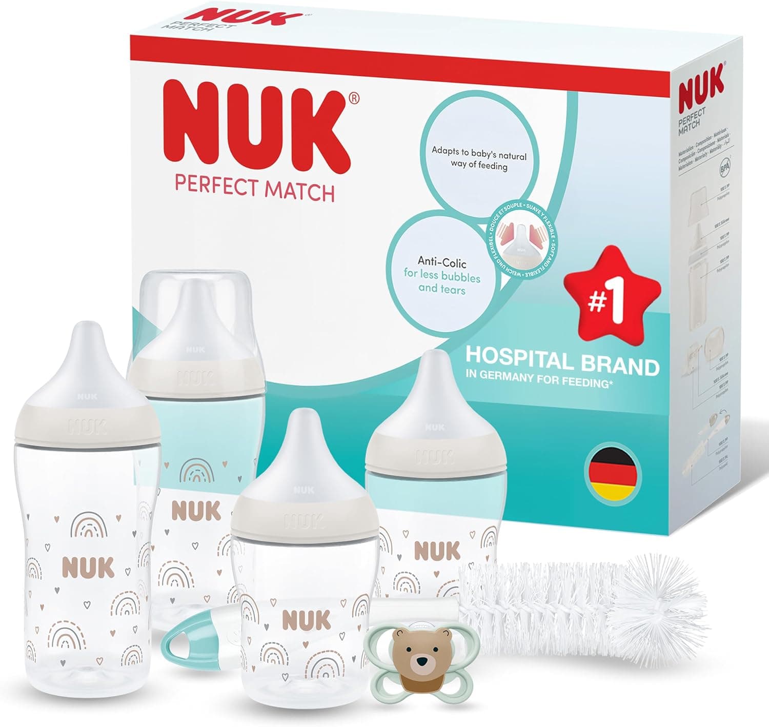 NUK Perfect Match Perfect Start Ensemble de biberons | 0-6 mois | 4 biberons anti-coliques (150 ml, 260 ml), 2 tétines, 1 sucette Perfect Match Air, 1 goupillon | Arc-en-ciel | Lot de 8