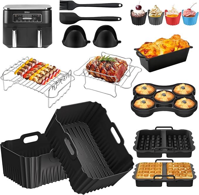 Accessories Air Fryer Set for Ninja Double Stack xl SL400EU 9.5L, 21pcs Silicone Mould for Ninja Foodi MAX Dual Zone AF400EU, Reusable Airfryer Dish with Waffle/Donut Mould, Grills etc - Image 1