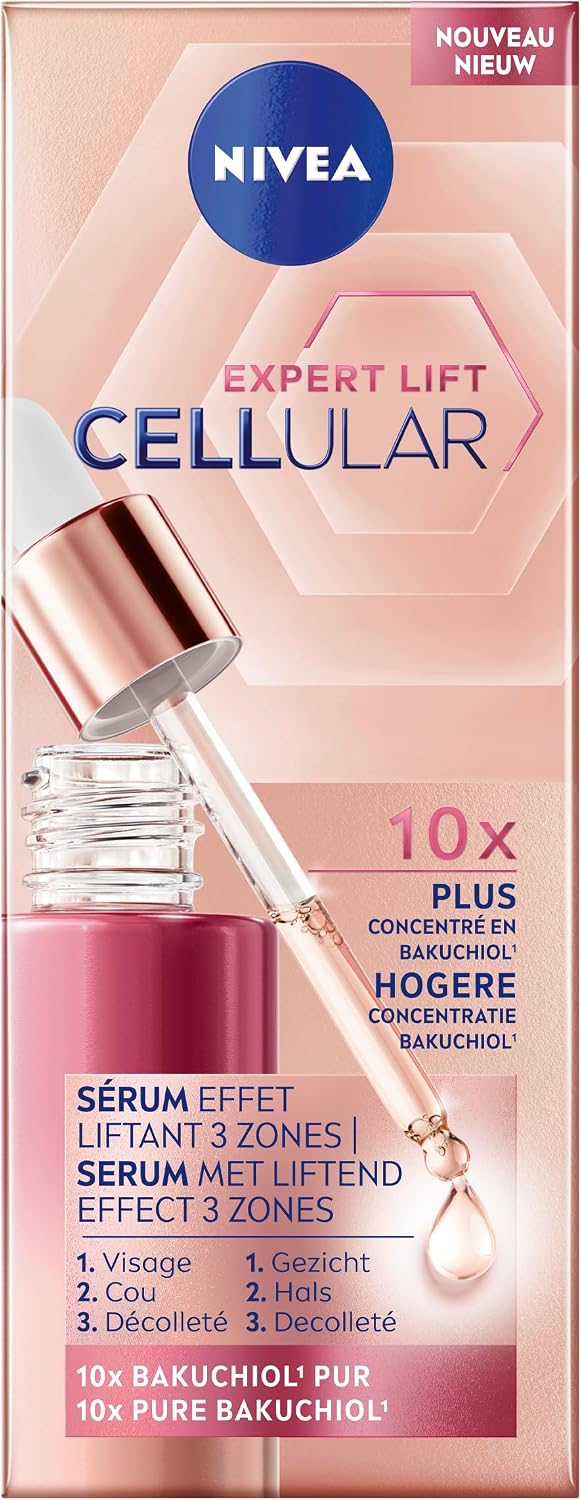 NIVEA Cellular Expert Lift Sérum visage effet liftant 3 zones (1 x 30 ml), Soin visage anti-rides concentré en Bakuchiol, Sérum anti-âge pour visage, cou & décolleté - Image 1