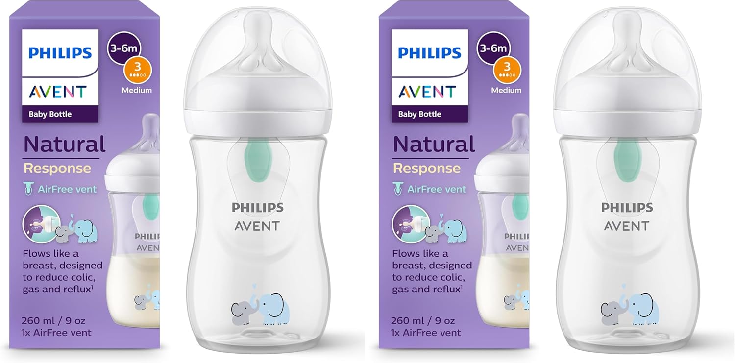 Philips AVENT 260ml Natural Response Bottle with AirFree Valve, BPA Free for Babies 1 Month+ (Model SCY673/81), Elephant (Model SCY673/81) (Pack of 2) - Image 1