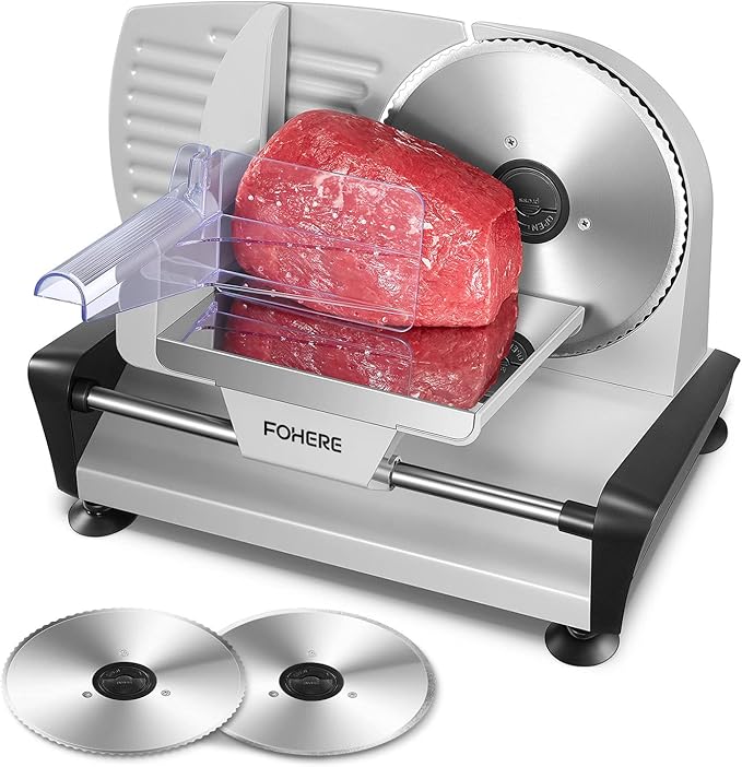 200W Electric Ham and Sausage Slicer, 2 Detachable Blades 19 cm, 0-15 Thick Precise Groove Switch for Safe Use, for Bread, Ham, Cheese and Meat, Silver - Image 1