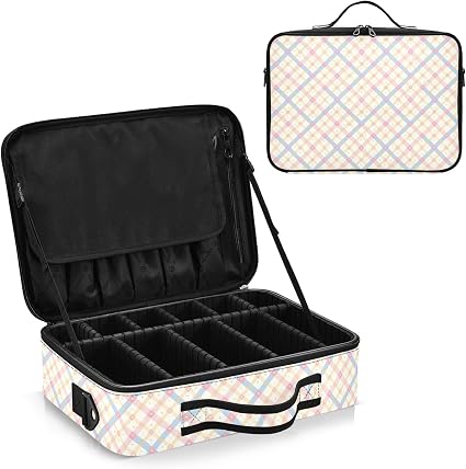 junzan Grand sac de rangement de maquillage à carreaux vichy crème avec séparateurs et sangle réglable, Crème 02_1, 14.6 x 10.6 x 4.7 inches, Coloré - Image 1