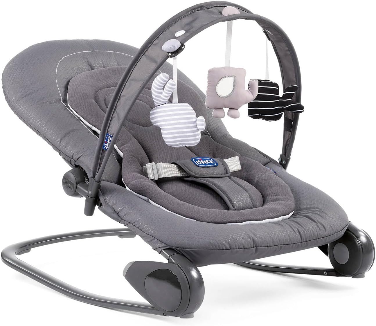 Chicco Hooplà Adjustable Baby Bouncer for Babies from Birth to 18 kg, Fixed or Rocker Position, with Play Bar, Adjustable Backrest and Reducing Cushion, Compact Closure, Moon Grey - Image 1