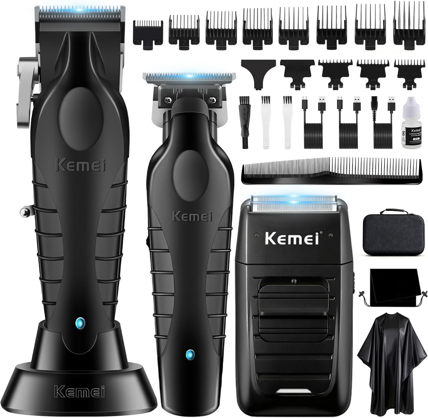 KEMEI Professional Hair Clippers for Men, Cordless Barber Clipper & Beard Trimmer/T Hair Trimmer, Aluminum Electric Razor Hair Cutting Kit for Men - Image 1