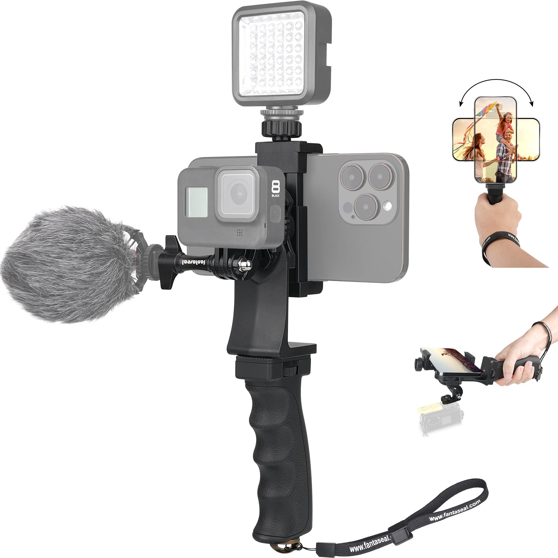 2 in 1 Ergonomic Hand Grip Stabilizer Smartephone Sports Camera Stand Kit Portable Handle for Youtube Tiktok Travel Video Vlog Compatible with Gopro iPhone - Micro/Video LED Light Adaptable - Image 1