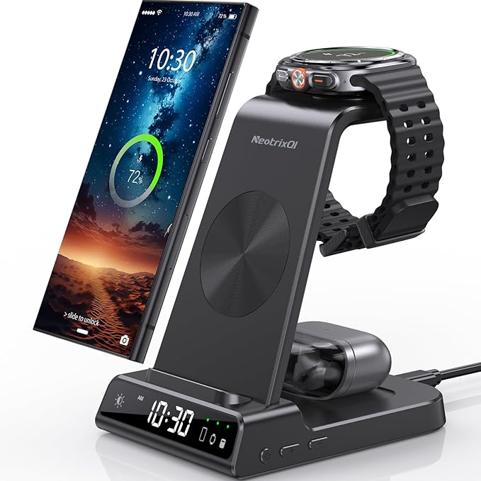 Induction Charger for Samsung Galaxy S25 Ultra, Inductive Wireless Charger for Samsung Galaxy Watch Ultra/8/7/6/5, 3 in 1 Charger with Digital Clock for Z Fold 6/Z Flip 6 S24, Galaxy Buds 2 - Image 1