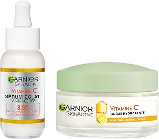 GARNIER Skin Active - Routine Éclat Quotidien - Sérum Éclat Anti-Taches Brunes + Crème Hydratante Bio - Formules Enrichies en Vitamine C, Acide Salicylique & Niacinamide - Peau Sèche & Terne - Image 1