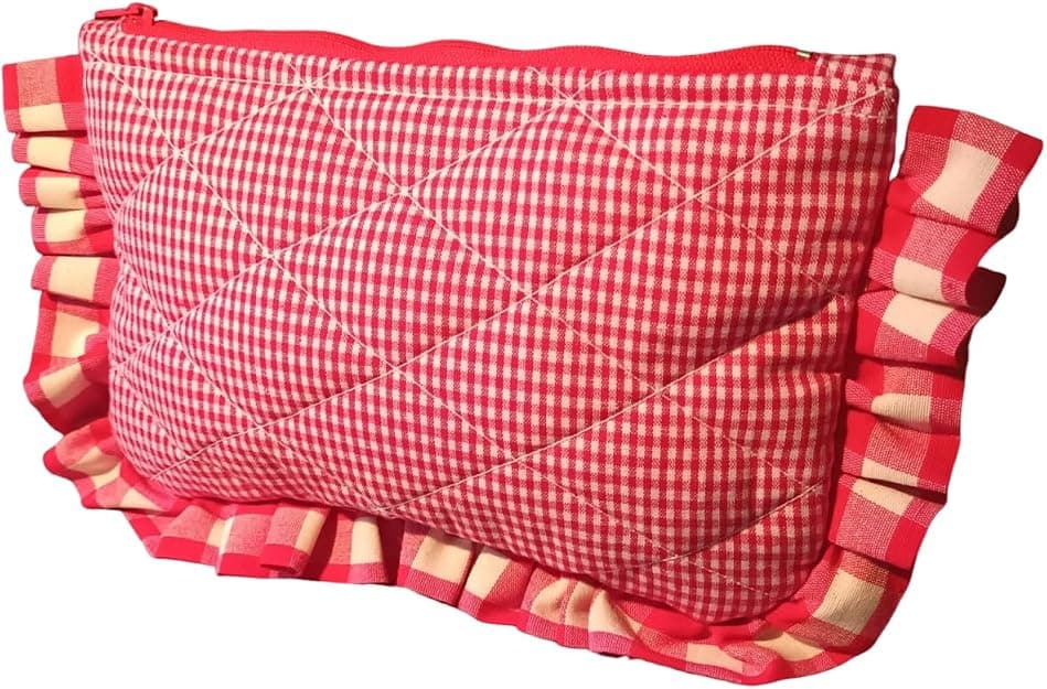 Le Grenier d'Huguette Trousse Perrette matelassée et froufrou en vichy rouge/blanc, trousse de voyage, trousse de maquillage
