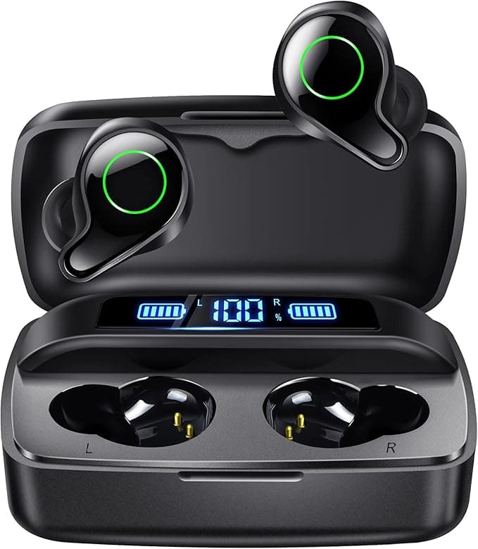 Wireless Earphones, Bluetooth 5.0 Intra Earphone 156H Playtime Stereo Earphone with Mic, IPX7 Waterproof Quick Charge Headset with USB-C LCD Charging Case for i Phone Samsung Android