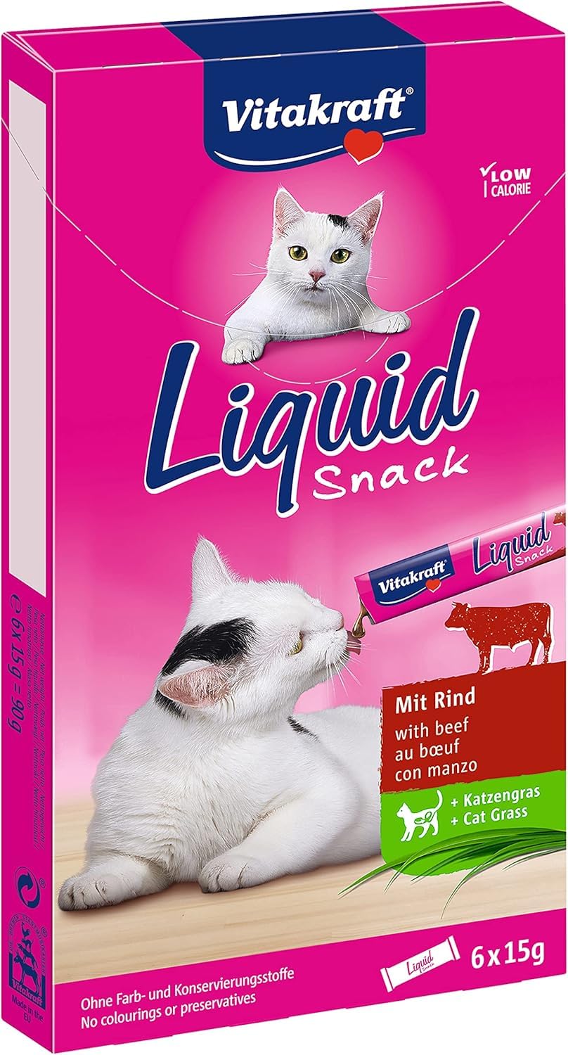 Vitakraft Liquid Snack, Liquid Cat Treat, Beef and Catnip, Individual Pouches, for Healthy Gut Flora (1 Pack of 6 x 15g) - Image 1