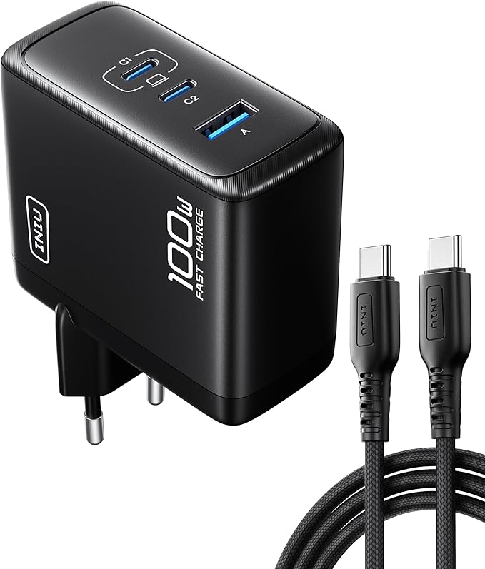 INIU 100W USB C Charger, 3-Ports (US BC + USBA) Fast and Compact Charger, GaN QC Plug Type C Adapter for MacBook Air, iPad Pro, iPhone 17 16 Pro Max, Samsung S25 S24 Ultra, Switch 2, Xiaomi etc - Image 1