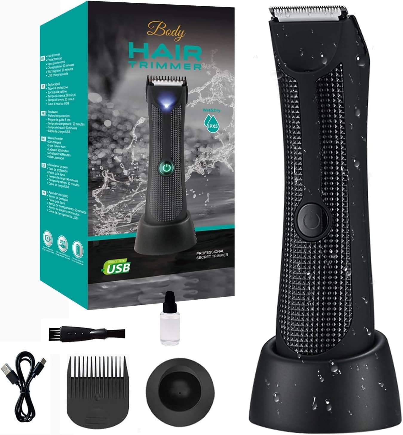 Body Hair Trimmer for Men - Pubic Hair Trimmer with Ceramic Blade Heads, Ball Shaver for Private Parties with LED Light and Display, IPX7 Waterproof Body Shavers for