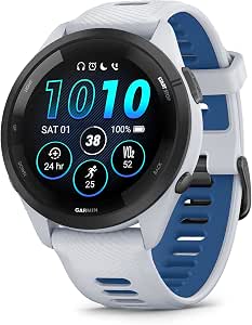 Garmin Forerunner 265 Running Smart Watch, Colorful AMOLED Display, Training Measures and Recovery Information, White Stone and Tide Blue - Image 1